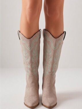 Western Suede Boots in Taupe with Embroidered Detail